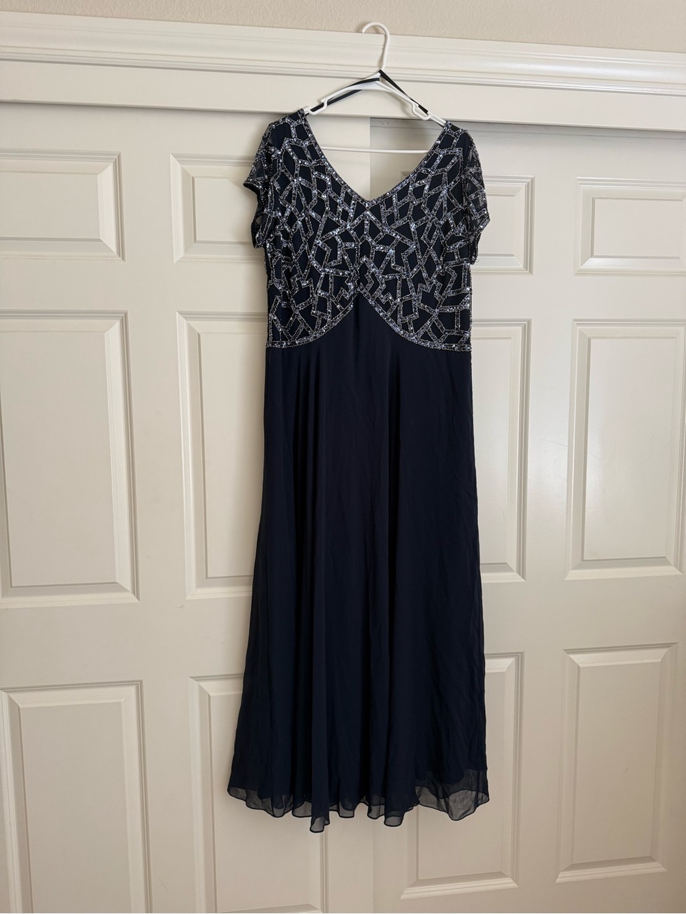 JKARA Navy Beaded V-Neck Evening Dress